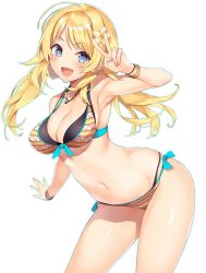 Rule 34 | 1girl, :d, absurdres, arched back, arm up, armpits, bare legs, bare shoulders, bikini, blonde hair, blue eyes, blush, bracelet, breasts, cleavage, cowboy shot, crotch, fingernails, flower, from side, hachimiya meguru, hair between eyes, hair flower, hair ornament, highres, idolmaster, idolmaster shiny colors, inuzumi masaki, jewelry, large breasts, leaning forward, long hair, looking at viewer, nail polish, navel, necklace, open mouth, ribbon, side-tie bikini bottom, sidelocks, smile, solo, swimsuit, thighs, v, wavy hair