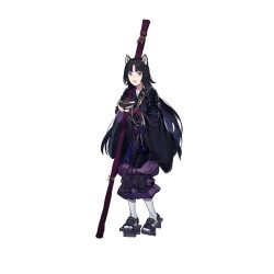 Rule 34 | 1girl, :d, animal ears, arknights, black hair, bowl, dog ears, duoyuanjun, facial mark, forehead mark, full body, geta, holding, holding bowl, japanese clothes, kimono, knee pads, long hair, looking at viewer, official art, open mouth, purple kimono, saga (arknights), smile, socks, solo, standing, transparent background, white socks, yellow eyes