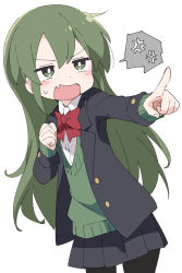 Rule 34 | 1girl, anger vein, black jacket, black pantyhose, black skirt, blazer, blush, bow, bowtie, cardigan, copyright request, fang, green cardigan, green eyes, green hair, ixy, jacket, long hair, long sleeves, looking away, open mouth, pantyhose, pleated skirt, red bow, red bowtie, school uniform, simple background, skirt, solo, spoken anger vein, sweatdrop, white background