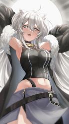 Rule 34 | 1girl, :d, absurdres, ahoge, animal ears, armpits, arms behind head, cleavage, clrawing, fur trim, grey eyes, grey hair, highres, hololive, jacket, jacket partially removed, lion ears, lion girl, long hair, midriff, open mouth, presenting armpit, see-through, see-through cleavage, shirt, shishiro botan, shishiro botan (1st costume), sleeveless, sleeveless shirt, smile, solo, virtual youtuber