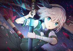 Rule 34 | 1girl, bandaged arm, bandages, black bow, black bowtie, black hairband, blue eyes, bow, bowtie, breasts, buttons, collared shirt, drawing sword, frilled skirt, frills, green skirt, green vest, hair between eyes, hairband, hitodama print, holding, holding sword, holding weapon, katana, konpaku youmu, lightning, looking at viewer, medium breasts, ooru (t20nozomu), open mouth, petals, scabbard, sheath, shirt, short hair, short sleeves, silver hair, skirt, smoke, solo, sword, touhou, upper body, v-shaped eyebrows, vest, weapon, white shirt, wing collar