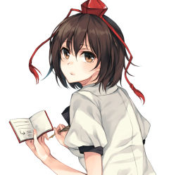 Rule 34 | 1girl, breasts, brown eyes, brown hair, from side, hat, looking at viewer, looking to the side, matching hair/eyes, notebook, puffy short sleeves, puffy sleeves, quill, rinarisa, shameimaru aya, shirt, short hair, short sleeves, small breasts, solo, tokin hat, touhou, upper body, white background, white shirt