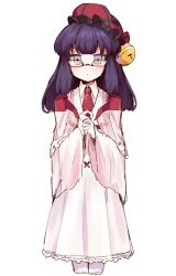 Rule 34 | 1girl, adapted costume, closed mouth, collared shirt, commentary request, cowboy shot, cropped legs, dress, e.g.o (project moon), employee (project moon), frilled hat, frills, glasses, gradient eyes, hat, hat bell, hoshizuki sakusa, lace, lace-trimmed dress, lace trim, lobotomy corporation, long hair, long sleeves, looking at viewer, multicolored eyes, necktie, own hands together, pantyhose, project moon, purple hair, red hat, red necktie, shirt, sidelocks, solo, white dress, white pantyhose, white shirt, wide sleeves