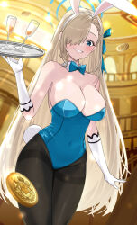 Rule 34 | 1girl, 92abe1, absurdres, animal ears, asuna (blue archive), asuna (bunny) (blue archive), black pantyhose, blue archive, blue bow, blue eyes, blue leotard, blush, bow, breasts, cleavage, coin, collarbone, cowboy shot, cup, detached collar, fake animal ears, fake tail, gloves, grin, hair over one eye, highres, holding, holding tray, indoors, large breasts, leotard, light brown hair, long hair, mole, mole on breast, official alternate costume, pantyhose, rabbit ears, rabbit tail, smile, solo, strapless, strapless leotard, tail, tray, white gloves