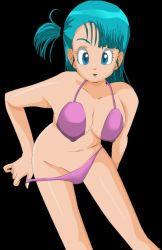 Rule 34 | artist request, bikini, blue eyes, blue hair, breasts, bulma, covered erect nipples, dragon ball, dragonball z, hanging breasts, panties, panty pull, simple background, swimsuit, underwear