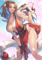 Rule 34 | 1girl, arm guards, bare shoulders, blush, breasts, brown eyes, brown hair, cherry blossoms, cleavage, collarbone, falling petals, fatal fury, folded fan, folding fan, hagure keg, hand fan, high ponytail, highres, holding, holding fan, japanese clothes, large breasts, long hair, looking at viewer, ninja, pelvic curtain, petals, ponytail, revealing clothes, rope, shiranui mai, sideboob, solo, teeth, the king of fighters, thighs, upper teeth only, very long hair