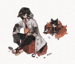 Rule 34 | 1boy, aak (arknights), animal ears, arknights, black hair, black hat, black pants, bottle, box, cat boy, cat ears, chibi, chinese clothes, coat, crossed ankles, full body, furry, furry male, grey coat, hat, highres, komainu, male focus, on box, pants, pill, shoes, sirakaro, sitting, sitting on box, slit pupils, sneakers, vial, white background