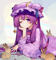 Rule 34 | 1girl, ainy, animal, closed mouth, commentary request, crescent, dress, hat, long hair, long sleeves, looking at viewer, lying, md5 mismatch, nail polish, on stomach, one eye closed, patchouli knowledge, purple dress, purple eyes, purple hair, purple hat, purple nails, rabbit, resolution mismatch, source smaller, star (symbol), striped, touhou, vertical stripes
