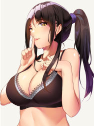 Rule 34 | 1girl, absurdres, black bra, black hair, bra, breasts, finger to mouth, hand on own chest, henz, highres, index finger raised, lace, lace-trimmed bra, lace trim, large breasts, long hair, looking at viewer, original, parted lips, ponytail, shushing, sidelocks, solo, underwear, upper body, yellow eyes