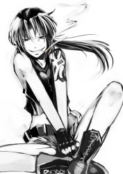Rule 34 | 1girl, black lagoon, boots, cigarette, cross-laced footwear, fingerless gloves, gloves, greyscale, grin, indian style, mito (calcomer), monochrome, ponytail, revy (black lagoon), short shorts, shorts, sitting, smile, smoking, solo, tattoo