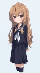 Rule 34 | 1girl, aisaka taiga, arms at sides, black sailor collar, black shirt, black skirt, black thighhighs, blue background, blush, breast pocket, brown eyes, brown hair, child, closed mouth, collarbone, cropped legs, female focus, flat chest, highres, keven (ewdx3754), long hair, long sleeves, looking at viewer, matching hair/eyes, miniskirt, neckerchief, pleated skirt, pocket, sailor collar, shirt, sidelocks, simple background, skindentation, skirt, solo, standing, thighhighs, toradora!, v-shaped eyebrows, white neckerchief, zettai ryouiki