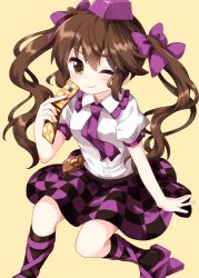 Rule 34 | 1girl, ;), beige background, black skirt, black socks, blush, bow, breasts, brown eyes, brown hair, cellphone, checkered clothes, checkered skirt, commentary request, frilled shirt collar, frills, geta, hair between eyes, hair bow, hand up, hat, highres, himekaidou hatate, holding, holding phone, kneehighs, long hair, looking at viewer, miniskirt, necktie, one eye closed, phone, pouch, puffy short sleeves, puffy sleeves, purple bow, purple footwear, purple necktie, purple skirt, ruu (tksymkw), shirt, short sleeves, sidelocks, simple background, skirt, small breasts, smile, socks, solo, tengu-geta, tokin hat, touhou, twintails, white shirt