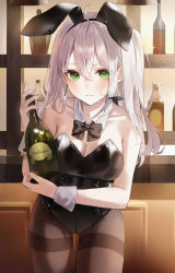Rule 34 | 1girl, absurdres, alcohol, animal ears, black bow, black bowtie, black leotard, bow, bowtie, brown pantyhose, collarbone, green eyes, highres, indoors, knowa, leotard, long hair, looking at viewer, original, pantyhose, parted bangs, playboy bunny, rabbit ears, solo, standing, strapless, strapless leotard, sweat, thighband pantyhose, white hair, white wrist cuffs, wine, wrist cuffs