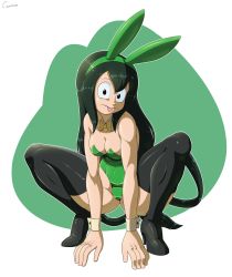 Rule 34 | 10s, 1girl, animal ears, artist name, asui tsuyu, bare shoulders, black eyes, black hair, black thighhighs, boku no hero academia, boots, bow, bowtie, breasts, canime, cleavage, detached collar, fake animal ears, full body, green hair, green leotard, high heel boots, high heels, leotard, long hair, looking at viewer, medium breasts, playboy bunny, rabbit ears, shiny clothes, shiny skin, signature, solo, spread legs, squatting, thick thighs, thigh boots, thighhighs, thighs, tongue, tongue out, wide-eyed, yellow bow, yellow bowtie