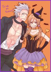 Rule 34 | 1boy, 1girl, bare shoulders, bat (animal), black jacket, black pants, bolt (hardware), brother and sister, brown hair, chain, choker, collar, gojou reina, gojou yuuma, grey hair, grin, halloween, hand on own hip, hat, hat ornament, hinomaru zumou, jacket, long hair, open clothes, open shirt, orange background, orange choker, pants, purple legwear, purple skirt, siblings, simple background, skirt, smile, standing, trick or treat, twintails, wand, witch hat