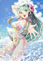 Rule 34 | 1girl, :d, arakan, arm behind head, arm up, blue sky, breasts, cleavage, cloud, commentary request, cumulonimbus cloud, day, floral print, flower, green hair, hair flower, hair ornament, highres, horizon, large breasts, lens flare, long hair, looking at viewer, lum, ocean, one-piece swimsuit, open hand, open mouth, outdoors, outstretched arm, pointy ears, reaching, reaching towards viewer, sky, smile, solo, splashing, standing, swimsuit, teeth, upper teeth only, urusei yatsura, wading, water, white one-piece swimsuit, yellow eyes