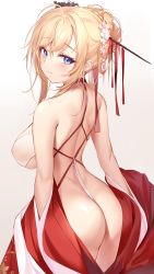 Rule 34 | 1girl, ass, azur lane, blonde hair, blue eyes, breasts, closed mouth, commentary request, from behind, glorious (azur lane), glorious (pungent plum) (azur lane), gradient background, grey background, hair between eyes, hair ornament, hair ribbon, hair stick, highres, large breasts, looking at viewer, looking back, official alternate costume, pdxen, red ribbon, ribbon, sideboob, solo