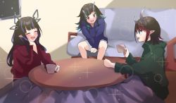 Rule 34 | 3girls, nanashi inc., black hair, blue eyes, blue hair, blue hoodie, blunt bangs, closed eyes, commentary request, couch, cup, demon girl, demon horns, feet out of frame, flat chest, green hoodie, highres, holding, holding cup, hood, hoodie, horns, indoors, kojo anna, kotatsu, long hair, long sleeves, looking at another, mug, multicolored hair, multiple girls, open mouth, pointy ears, purple hair, red eyes, red hair, red hoodie, ryugasaki rene, shishio chris, short hair, smile, sparkle, sugar lyric, table, two-tone hair, virtual youtuber, zono (inokura syuzo029)