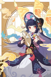 Rule 34 | 1girl, bird, bird on hand, blunt bangs, bonnet, capelet, dress, flag, fur-trimmed capelet, fur trim, genshin impact, hand fan, hat, highres, holding, holding fan, lolita fashion, long hair, long sleeves, looking at viewer, measho, pink capelet, purple hair, qi lolita, red eyes, simple background, solo, very long hair, vision (genshin impact), yun jin (genshin impact)
