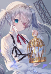 Rule 34 | 1girl, 25-ji miku, animal, bird, birdcage, cage, closed mouth, collared dress, commentary request, dress, green eyes, grey background, grey hair, hair over one eye, hand up, hatsune miku, heterochromia, highres, holding, long hair, long sleeves, minato0683, neck ribbon, o-ring, project sekai, purple eyes, red ribbon, ribbon, simple background, sleeves past wrists, smile, solo, twintails, upper body, very long hair, vocaloid, white dress
