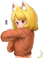 Rule 34 | 1girl, animal ear fluff, animal ears, bad id, bad pixiv id, biting, biting clothes, blonde hair, cc c0c0, cookie (touhou), fox ears, fox tail, long sleeves, miramikaru riran, red eyes, ribbed sweater, short hair, solo, sweater, tail, touhou, white background