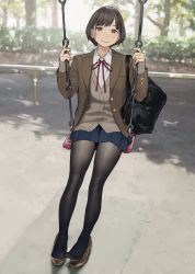Rule 34 | 1girl, bag, black pantyhose, blazer, blue skirt, blush, bob cut, brown eyes, brown footwear, brown hair, commentary request, dappled sunlight, fingernails, highres, jacket, looking at viewer, original, pantyhose, pleated skirt, school bag, shirt, shoes, unworn shoes, sitting, skirt, smile, solo, sunlight, swing, thighs, tights day, white shirt, yomu (sgt epper)