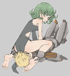 Rule 34 | 1boy, 1girl, :t, absurdres, ass, barefoot, black dress, blonde hair, blush, commentary, curly hair, cyborg, dress, english commentary, full body, genos, green eyes, green hair, grey background, highres, leg grab, looking at another, looking down, mechanical arms, mechanical legs, one-punch man, outline, pantsu-ripper, pout, seiza, side slit, simple background, sitting, sitting on face, sitting on person, sketch, soles, straddling, tatsumaki, thighs, toes, torn clothes, v-shaped eyebrows, white outline
