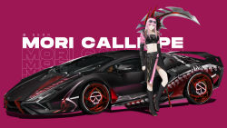 Rule 34 | 1girl, car, character name, commentary, death-sensei (mori calliope), english commentary, ex-trident, eyewear on head, highres, hololive, hololive english, lamborghini, long hair, looking to the side, midriff, mori calliope, motor vehicle, navel, pink eyes, pink hair, sunglasses, vehicle focus, vehicle request, virtual youtuber