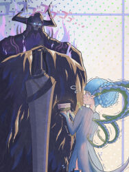 Rule 34 | 1boy, 1girl, bento, blue eyes, blue hair, curled horns, fate/grand order, fate (series), glowing, glowing eyes, height difference, highres, holding bento, horns, king hassan (fate), larva tiamat (fate), scared, sword, tiamat (fate), trembling, upper body, user negu2872, weapon