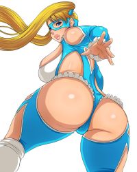 Rule 34 | 1girl, ass, ass focus, blonde hair, blue eyes, breasts, capcom, curvy, female focus, from behind, huge ass, large breasts, leotard, lips, looking at viewer, looking back, matoyama, plump, pouty lips, pov, rainbow mika, shiny skin, simple background, solo, street fighter, street fighter v, thick thighs, thighs, twintails, wide hips