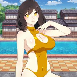 Rule 34 | 1girl, alternate costume, architecture, black hair, breasts, challengia, cleavage, cleavage cutout, clothing cutout, cloud, collarbone, day, drill hair, east asian architecture, gold, gold leotard, gold one-piece swimsuit, large breasts, leotard, looking at viewer, nchans, nchans style, ninchan (nchans), official art, one-piece swimsuit, orcaleon, outdoors, short hair, sideboob, sitting, smile, swimsuit, yellow eyes