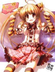 Rule 34 | 1girl, animal ears, fang, female focus, fingerless gloves, gao, gloves, new year, original, paw pose, plaid, skirt, solo, striped clothes, striped thighhighs, thighhighs, tiger ears, twintails, utsurogi angu, zettai ryouiki