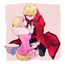 Rule 34 | 10s, 1boy, 1girl, ando ruruka, ass, blonde hair, blue eyes, coat, couple, danganronpa (series), danganronpa 3 (anime), eye contact, hand on own chest, hetero, izayoi sounosuke, long coat, looking at another, pink hair, red coat, red eyes, short hair, shorts, squinting, thighhighs, white thighhighs, yellow shorts, yyy246