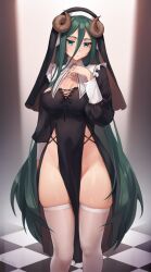 Rule 34 | 1girl, aqua eyes, artist name, breasts, checkered floor, commentary, curled horns, dark green hair, english commentary, frown, green hair, habit, hair between eyes, hand on own chest, highres, horizontal pupils, horns, iwbitu, large breasts, long hair, long sleeves, looking at viewer, no panties, nun, original, paid reward available, pelvic curtain, puffy long sleeves, puffy sleeves, sheep horns, skindentation, solo, thighhighs, twitter username, very long hair, white thighhighs