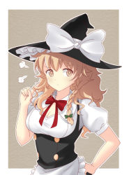 Rule 34 | 1girl, :t, bad id, bad pixiv id, blonde hair, bot (komagomekko), bow, braid, breasts, cleavage, hat, highres, kirisame marisa, long hair, looking at viewer, medium breasts, pout, short sleeves, simple background, single braid, solo, touhou, witch hat, x&amp;x&amp;x, yellow eyes
