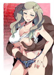 Rule 34 | 10s, 1boy, 1girl, bare shoulders, blue eyes, grabbing another&#039;s breast, breasts, brown hair, collarbone, denim, denim shorts, fingering, fingering from behind, grabbing, hair ornament, hairclip, hetero, huge breasts, interracial, licking lips, navel, nipples, persona, persona 5, pussy juice, short shorts, shorts, takamaki anne, tank top, tongue, tongue out, twintails, uchiuchi keyaki