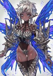 Rule 34 | 1girl, armor, bare shoulders, black thighhighs, blue eyes, breasts, covered navel, dark-skinned female, dark skin, facial mark, fairy, gluteal fold, halterneck, highres, large breasts, looking at viewer, original, pointy ears, sabamiso taro, see-through, sidelocks, simple background, solo, thigh gap, thighhighs, white background, white hair, wide hips, wings