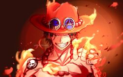Rule 34 | 1209rikka, 1boy, black hair, commentary request, fire, freckles, grin, hat, highres, jewelry, looking at viewer, male focus, necklace, one piece, orange hat, outstretched arm, pearl necklace, portgas d. ace, short hair, smile, solo, sparkle, topless male, twitter username, upper body