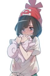 Rule 34 | black hair, clefairy, creatures (company), crying, crying with eyes open, floral print, game freak, gen 1 pokemon, highres, hugging doll, hugging object, nintendo, poke ball print, pokemon, pokemon (creature), pokemon sm, red headwear, selene (pokemon), short hair, supernew, tears