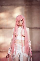 Rule 34 | artist request, bad source, bandages, blood, blurry, blurry background, breasts, cosplay, covered erect nipples, elfen lied, horns, looking at viewer, lucy (elfen lied), lucy (elfen lied) (cosplay), monster girl, nude, nyuu, pale skin, photo (medium), pink hair, topless