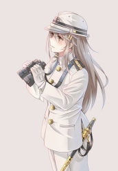 Rule 34 | alternate costume, binoculars, black hair, cowboy shot, from side, gloves, grey background, hair ornament, hairclip, haruna (kancolle), hat, holding, holding binoculars, imperial japanese navy, kantai collection, long hair, longmei er de tuzi, looking to the side, military, military hat, military uniform, pocket, simple background, solo, standing, sword, uniform, weapon, white gloves, white hat