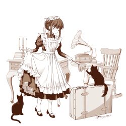 Rule 34 | 1girl, apron, book, book stack, briefcase, candle, candlestand, cat, chair, chest of drawers, closed eyes, collared dress, commentary request, dress, duster, feather duster, full body, hat, highres, holding, holding duster, juliet sleeves, long sleeves, maid, maid apron, mikemomonga, mob cap, monochrome, oil lamp, original, phonograph, puffy sleeves, rocking chair, shoes, short hair, sidelocks, signature, simple background, skirt hold, smile, solo, standing, white background