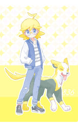 Rule 34 | 1boy, ahoge, akasaka (qv92612), alternate costume, blonde hair, blue eyes, blue pants, boltund, buttons, clemont (pokemon), collarbone, commentary request, creatures (company), game freak, gen 8 pokemon, glasses, hands in pockets, highres, long sleeves, nintendo, pants, pokemon, pokemon (creature), pokemon xy, shirt, shoes, standing, striped clothes, striped shirt, torn clothes, torn pants