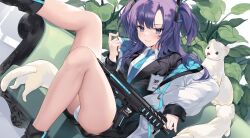 Rule 34 | 1girl, animal, black gloves, blue archive, blue necktie, blush, breasts, closed mouth, collared shirt, formal, gloves, gun, highres, holding, holding gun, holding weapon, id card, jacket, long hair, long sleeves, medium breasts, necktie, panties, purple eyes, purple hair, shirt, solo, suit, two-sided fabric, two-sided jacket, two side up, underwear, uosaasou, weapon, white jacket, white panties, white shirt, yuuka (blue archive)