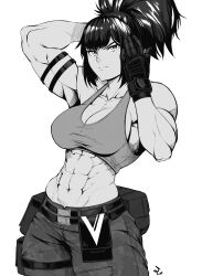 Rule 34 | 1girl, abs, absurdres, armlet, biceps, black gloves, breasts, camouflage, camouflage jacket, cleavage, gloves, greyscale, highres, jacket, large breasts, leona heidern, looking at viewer, military, monochrome, muscular, muscular female, ponytail, simple background, solo, speedl00ver, tank top, the king of fighters, the king of fighters xiv, the king of fighters xv, white background