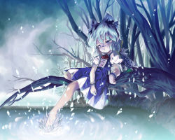 Rule 34 | 1girl, barefoot, blue bow, blue dress, blue eyes, blue hair, bow, branch, cirno, dress, female focus, hair bow, matching hair/eyes, night, night sky, outdoors, puffy short sleeves, puffy sleeves, resolution mismatch, short hair, short sleeves, sitting, sky, soaking feet, solo, source larger, touhou, water, wrist cuffs