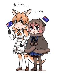Rule 34 | 10s, 2girls, :&gt;, :d, ankle boots, anyan (jooho), apron, arms at sides, australian flag, black gloves, blue eyes, blue skirt, blush stickers, boots, bow, brown capelet, brown eyes, brown footwear, brown gloves, brown hair, brown legwear, buttons, capelet, character name, closed mouth, dot nose, drawstring, extra ears, eyelashes, flag, frilled apron, frills, full body, fur-trimmed capelet, fur-trimmed skirt, fur trim, gloves, gradient hair, gradient legwear, hair between eyes, hand up, height difference, holding, holding flag, juliet sleeves, kangaroo ears, kangaroo tail, kemono friends, long sleeves, looking at viewer, looking away, low twintails, mary janes, medium hair, mini flag, multicolored clothes, multicolored hair, multicolored legwear, multiple girls, neck ribbon, north island brown kiwi (kemono friends), object on head, on head, open mouth, orange hair, orange legwear, orange ribbon, pantyhose, pink hair, pleated skirt, pocket, pom pom (clothes), puffy sleeves, red kangaroo (kemono friends), ribbon, shadow, shoes, short hair, short twintails, simple background, skirt, smile, standing, tareme, thighhighs, twintails, two-tone hair, two-tone legwear, waist apron, wavy hair, white apron, white background, white bow, white hair, white legwear, wing collar