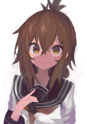 Rule 34 | 1girl, absurdres, black sailor collar, brown eyes, brown hair, closed mouth, folded ponytail, hair between eyes, highres, inazuma (kancolle), kaamin (mariarose753), kantai collection, long hair, long sleeves, looking at viewer, neckerchief, red neckerchief, sailor collar, school uniform, serafuku, simple background, smile, solo, upper body, white background