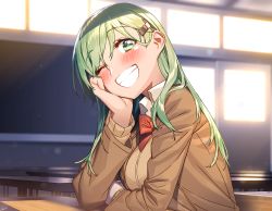 Rule 34 | 1girl, ;d, blazer, blew andwhite, blurry, breasts, cardigan, classroom, day, depth of field, green eyes, green hair, grin, highres, indoors, jacket, kantai collection, large breasts, long hair, looking at viewer, one eye closed, open clothes, open jacket, open mouth, school, school uniform, smile, solo, suzuya (kancolle), teeth