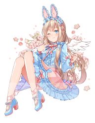 Rule 34 | 1girl, ;), animal ears, bad id, bad pixiv id, blue dress, blue eyes, blue footwear, blue skirt, blush, center frills, closed mouth, commentary request, commission, diten, dress, feathered wings, flower, frills, hands up, high heels, light brown hair, long hair, long sleeves, one eye closed, original, pink flower, pleated skirt, puffy long sleeves, puffy sleeves, rabbit ears, shoes, skirt, smile, solo, very long hair, white wings, wings